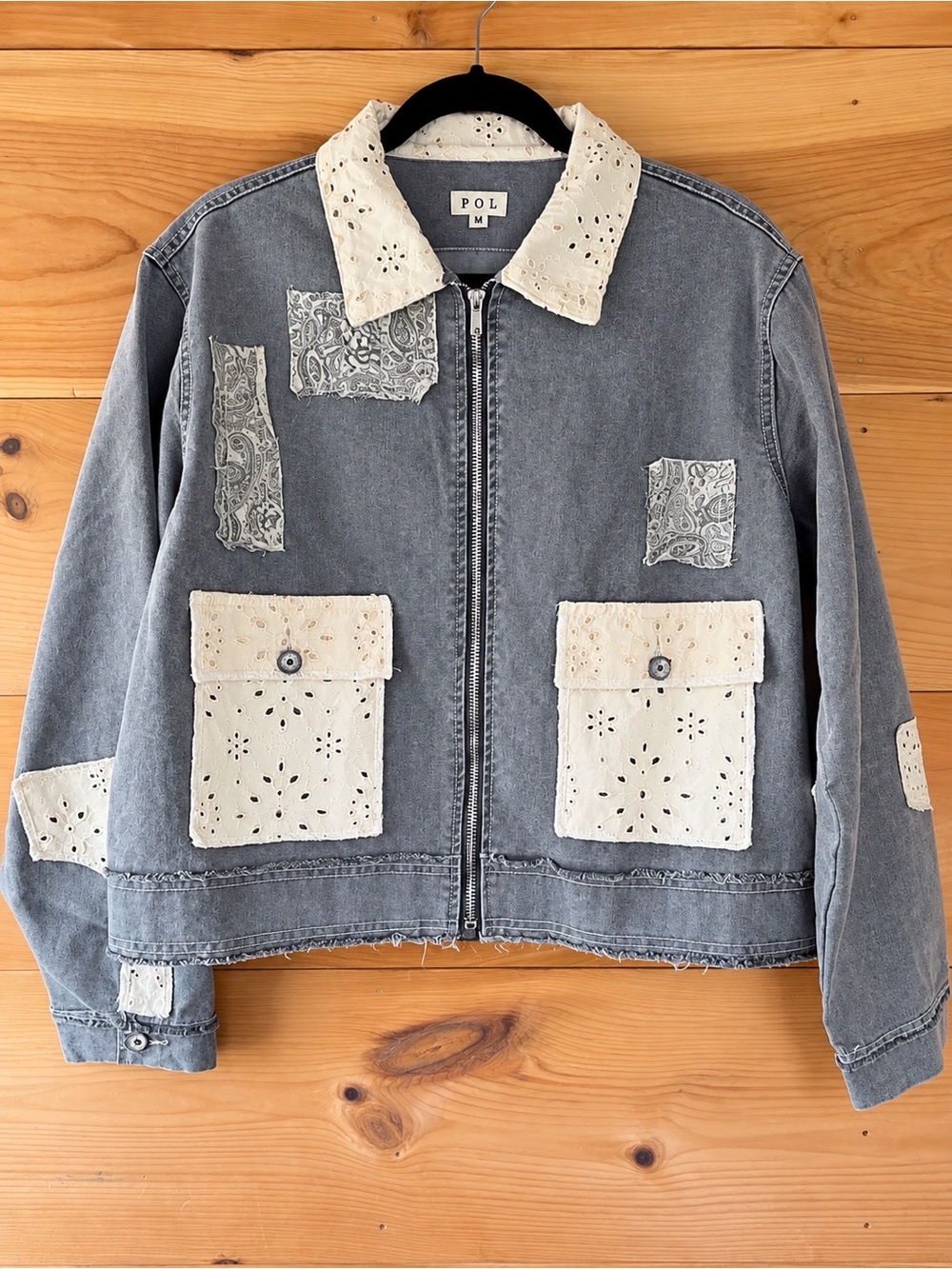 POL womens Gray Denim Jacket with Cream Eyelet Patchwork sz m NWOT